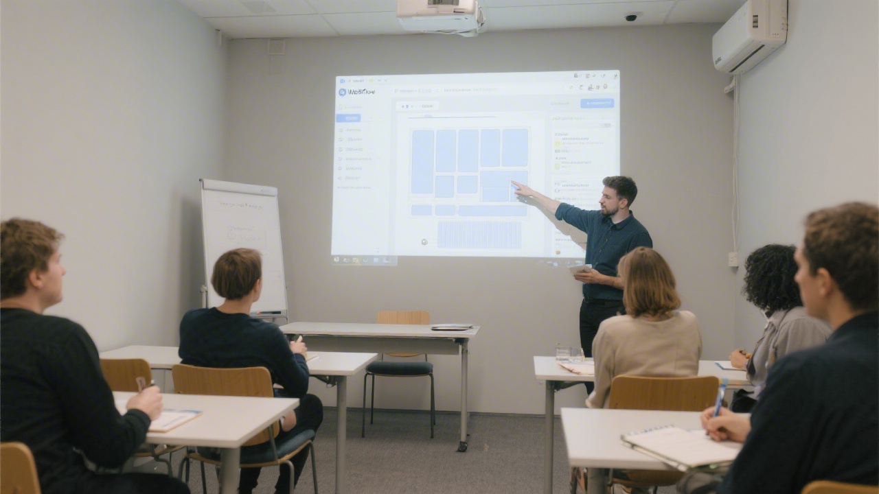 Small training room with a projector showing Webflow interface, participants taking notes, neutral decor, and a friendly instructor pointing to structured layout examples.
