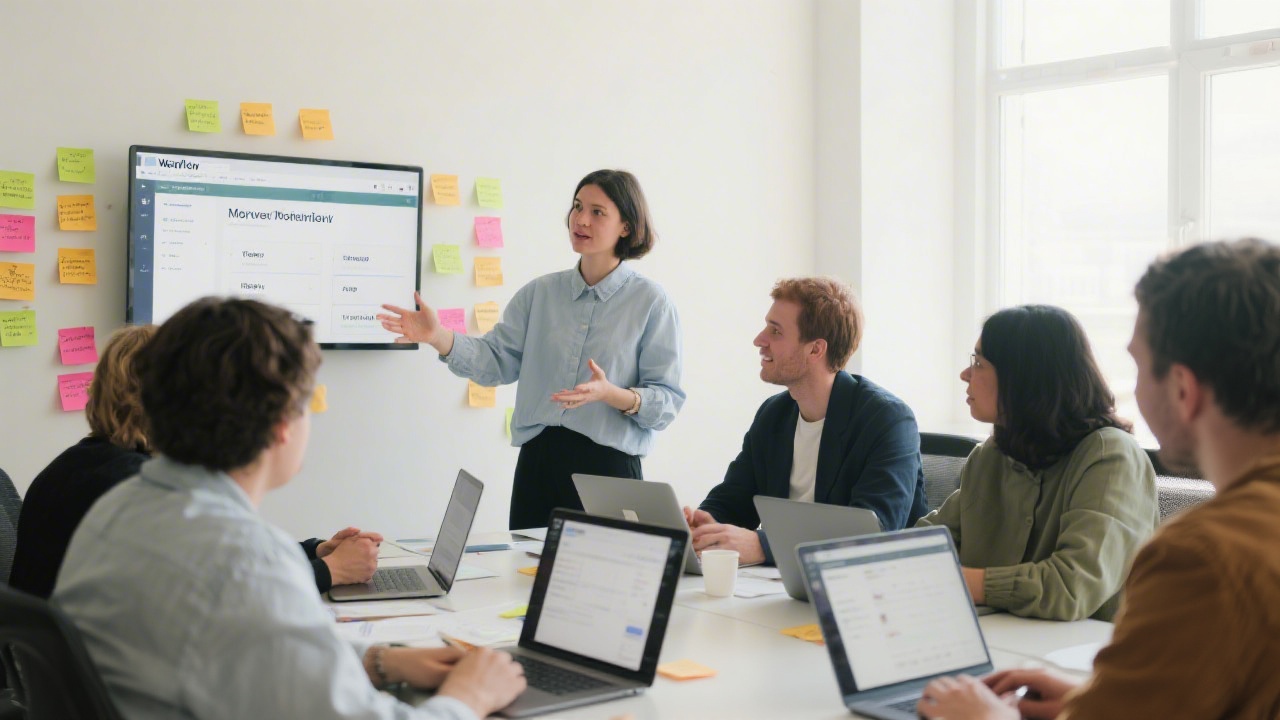 Team workshop setting with sticky notes on a wall, laptops open to Webflow screens, and participants discussing MVP priorities in a bright office.