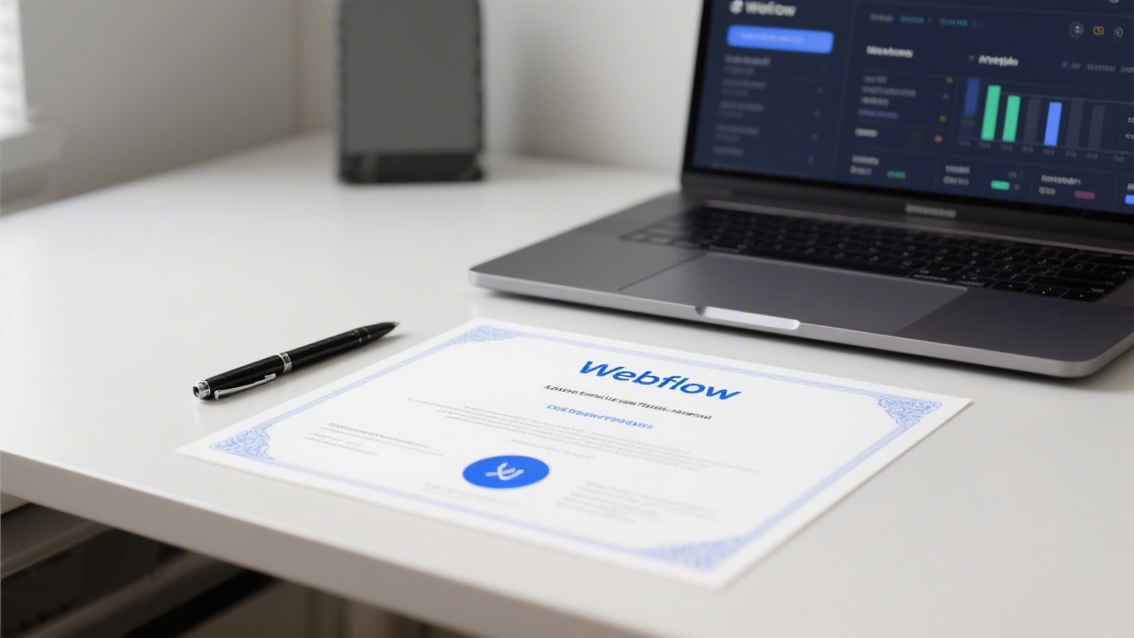 Clean certificate mockup on a desk with a pen, subtle blue branding, and a laptop in the background showing a Webflow project dashboard.