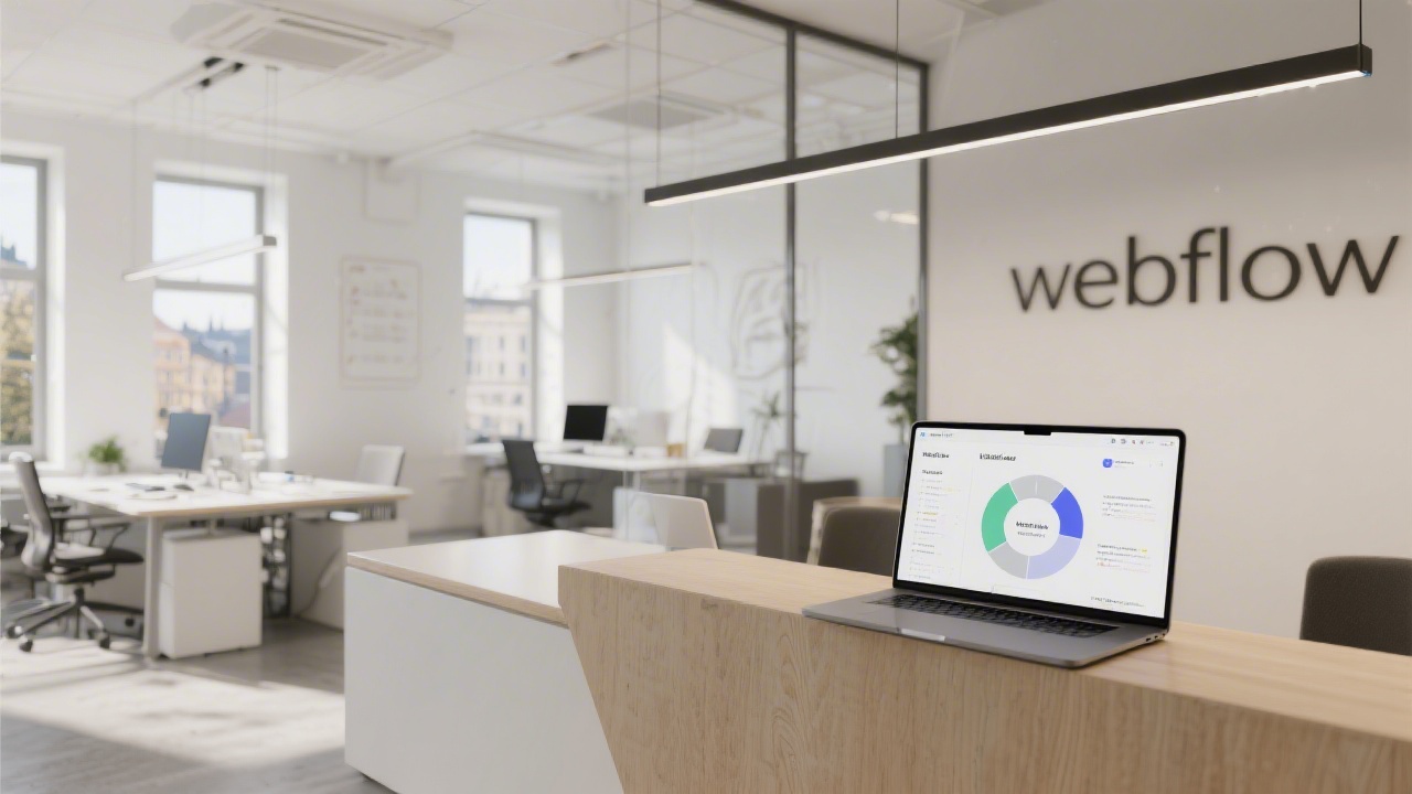 Modern Prague office interior with a clean reception desk, minimalist furniture, natural light, and a laptop displaying a Webflow project overview.