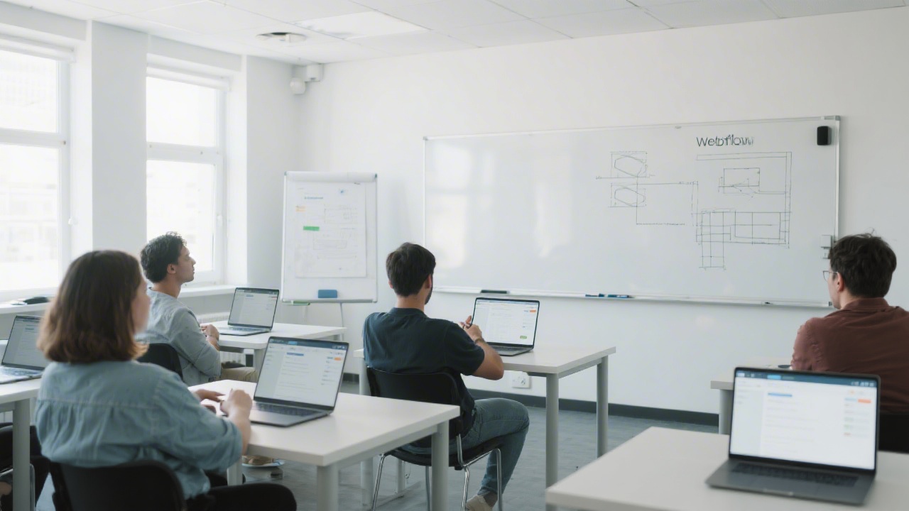 Bright modern classroom with laptops showing Webflow interface, clean desks, a whiteboard with simple wireframes, and focused learners collaborating in a professional training environment.