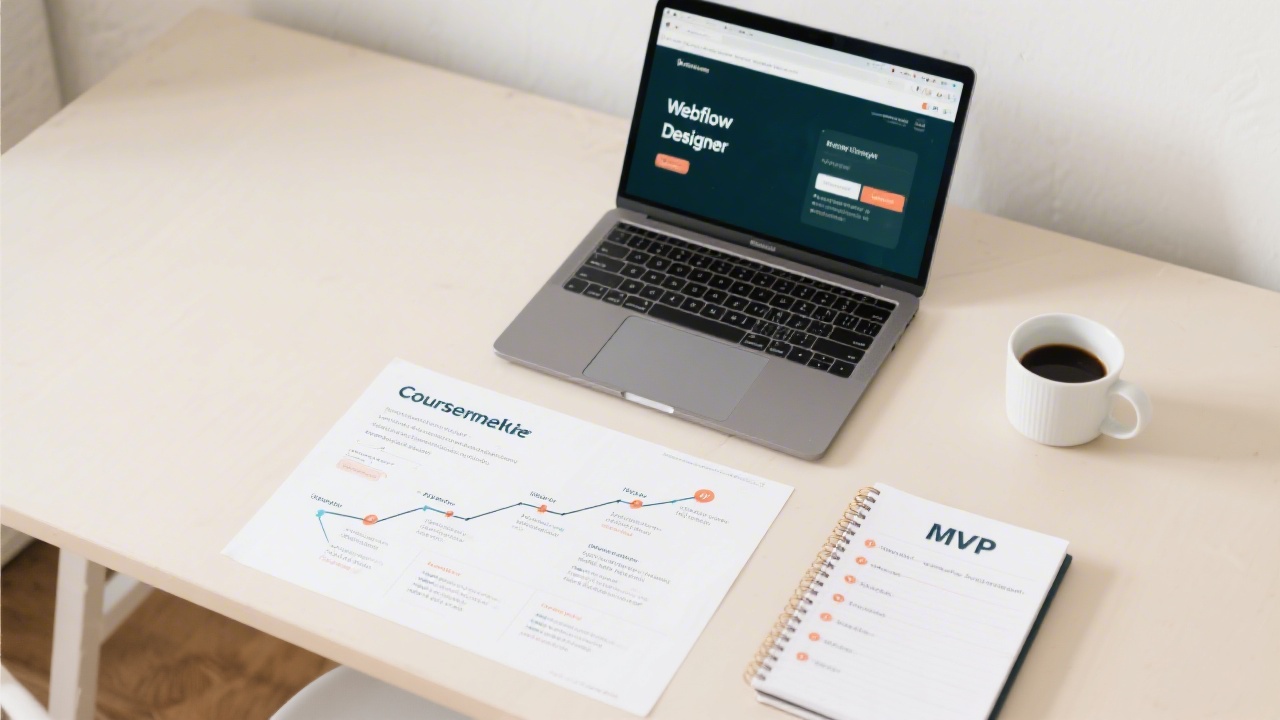 Top view of a study desk with printed course roadmap, a laptop open with Webflow designer, notebook with MVP milestones, and a cup of coffee on a light background.