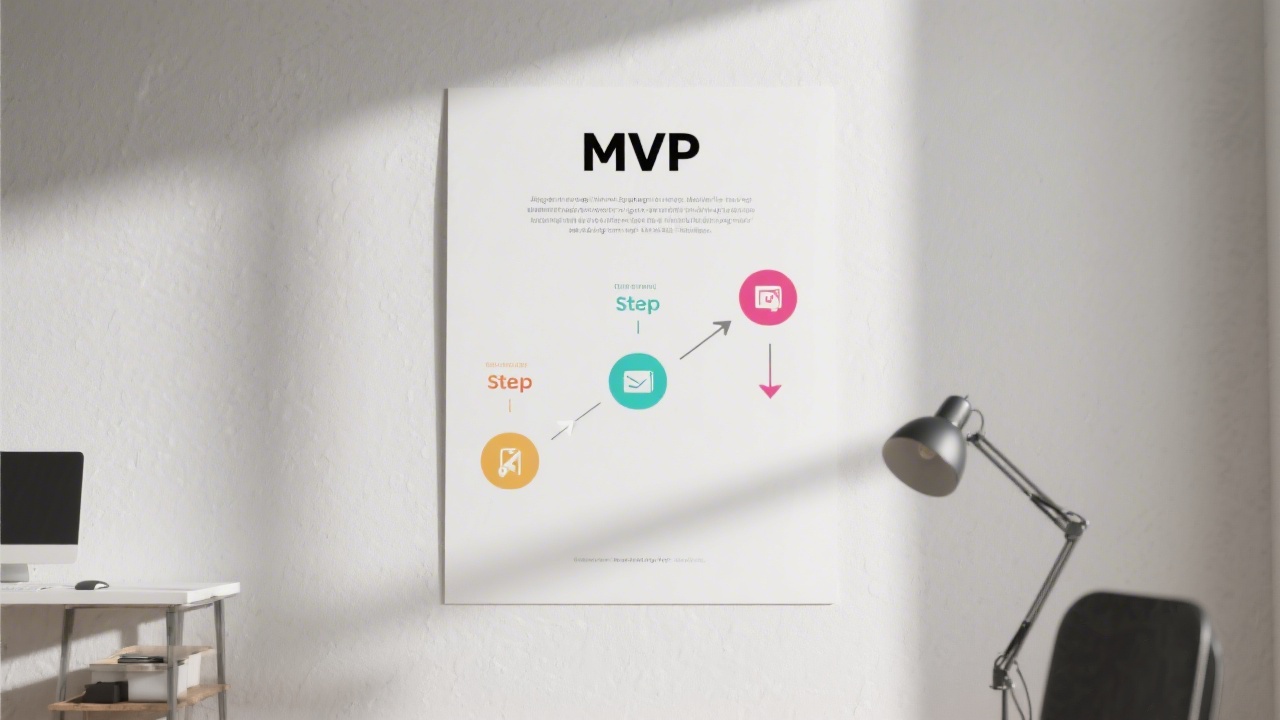 Minimalist infographic poster showing four MVP steps, colorful but restrained icons, and clear arrows between stages displayed on a studio wall.