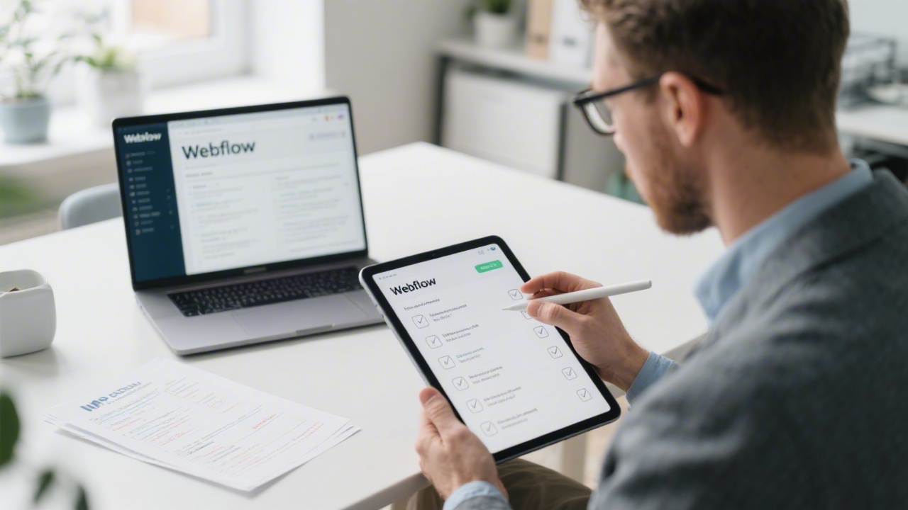 Consultant reviewing a website checklist on a tablet, with printed MVP audit notes, a laptop open to Webflow, and a calm office environment.