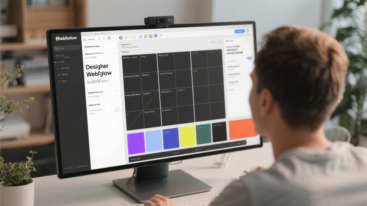 Designer working on a structured layout in Webflow, showing a clear grid system, typography styles, and a minimal color palette on a large monitor.